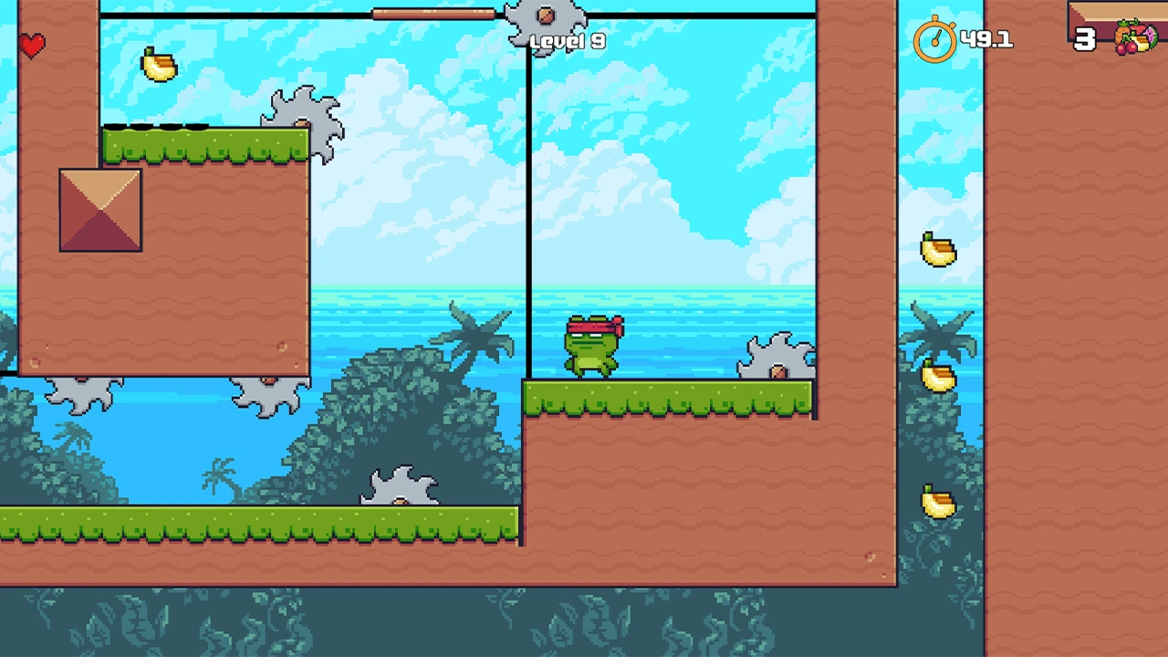 Pixel-art frog dodging a moving mechanical obstacle