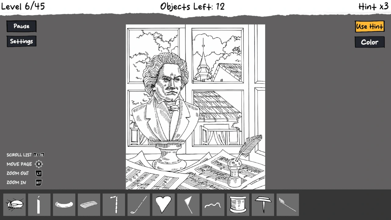 INK ENIGMA 2 gameplay showing detailed black and white sketchbook page