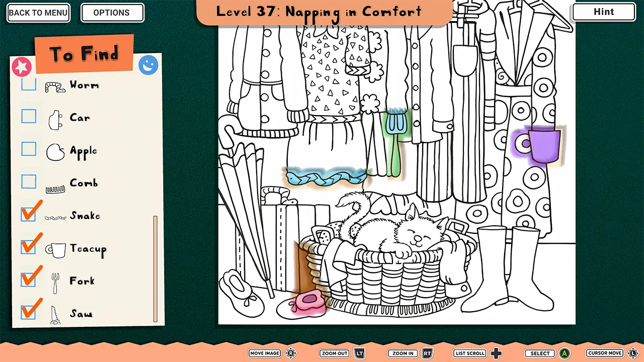 Finding a hidden object and adding vibrant color to the artwork in INK ENIGMA