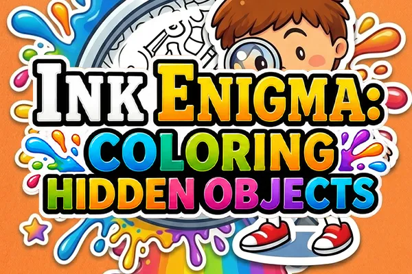 INK ENIGMA Coloring Hidden Objects gameplay showing a black-and-white sketch turning into color