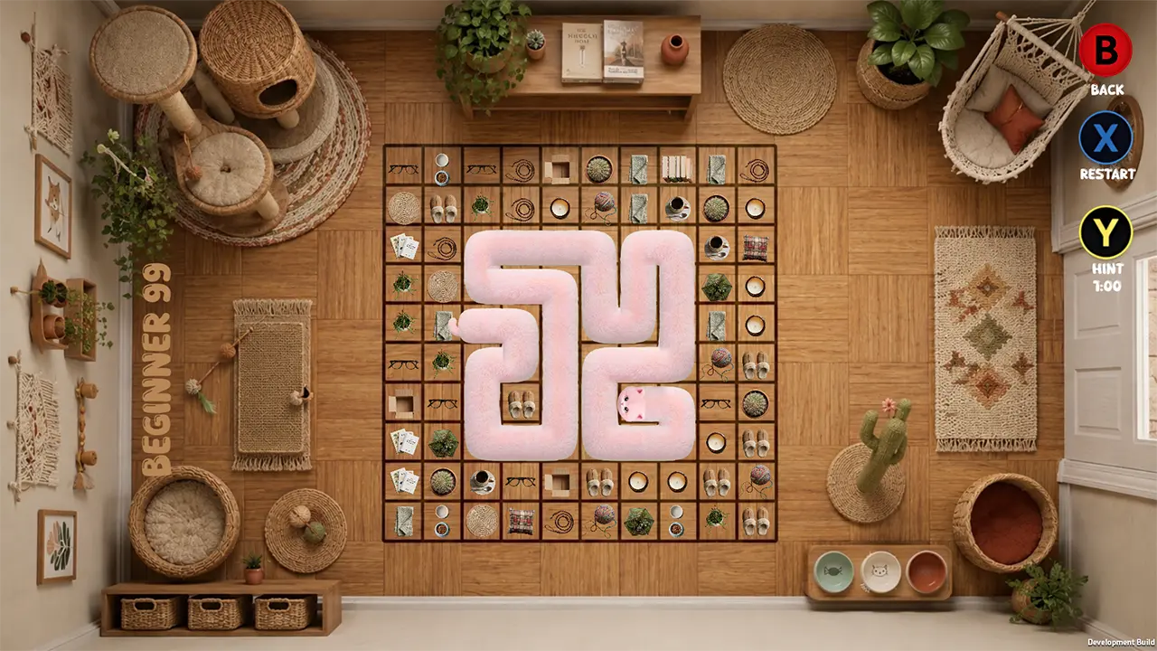 Liquid Cats gameplay in a cozy playroom showing a line puzzle