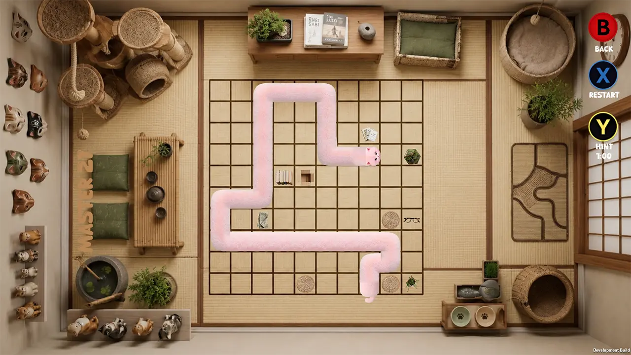 Completed Liquid Cats puzzle with the stretchy cat filling the entire grid