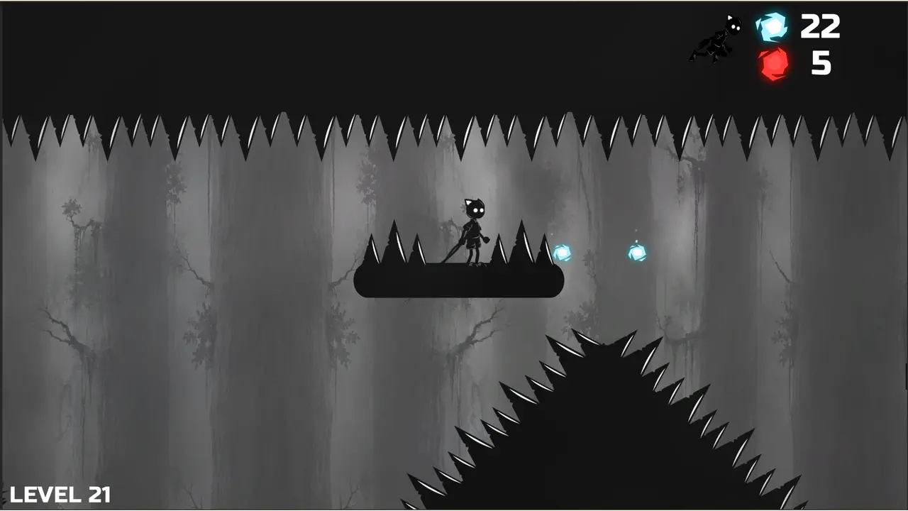 Shadow Cat gameplay showing glowing attacks and dark platforming environments