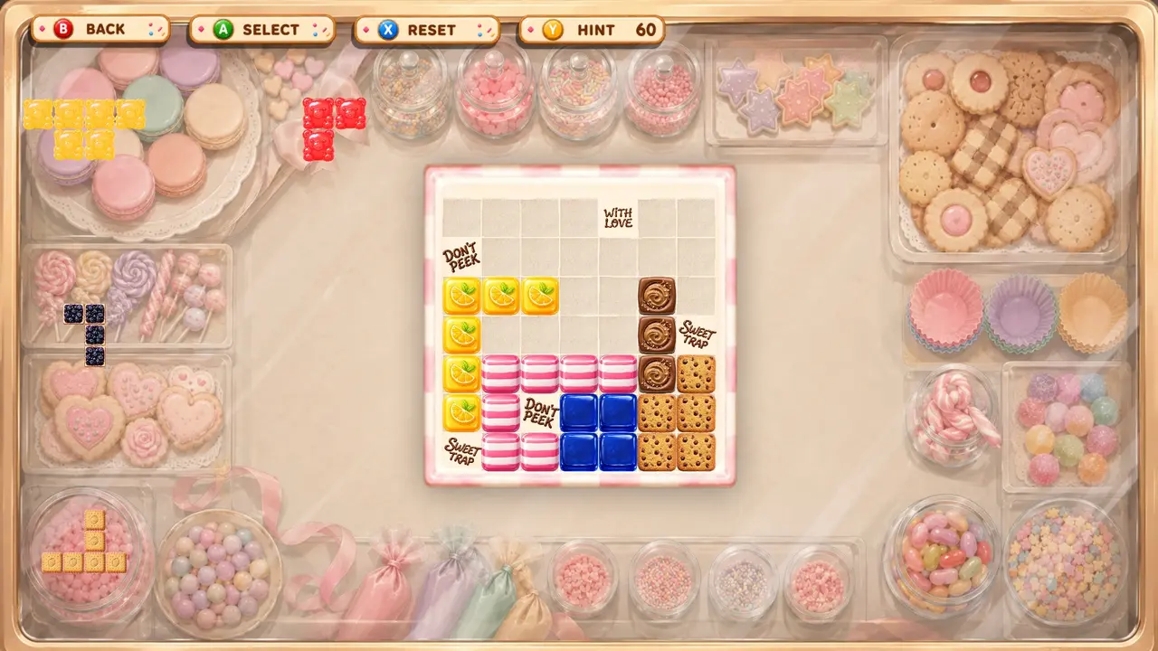 Sugar Box gameplay showing colorful square treats in a cozy bakery box