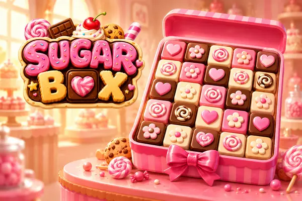 Sugar Box gameplay featuring colorful square-shaped treats packed inside a decorative box